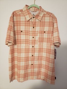 RAINFOREST Short Sleeve Plaid Button-Down Shirt in Coral & Cream